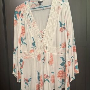 Torrid Floral Lace-Up Blouse - White and Coral​​​